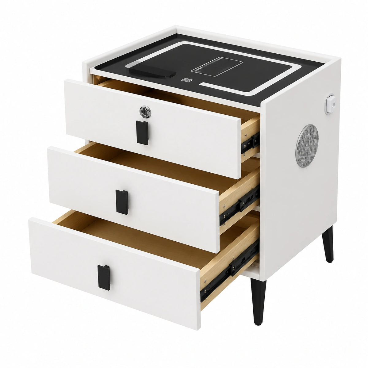 Table de chevet, avec tiroirs, avec prise intégrée, en bois massif, coloris blanc et crème, pour la chambre