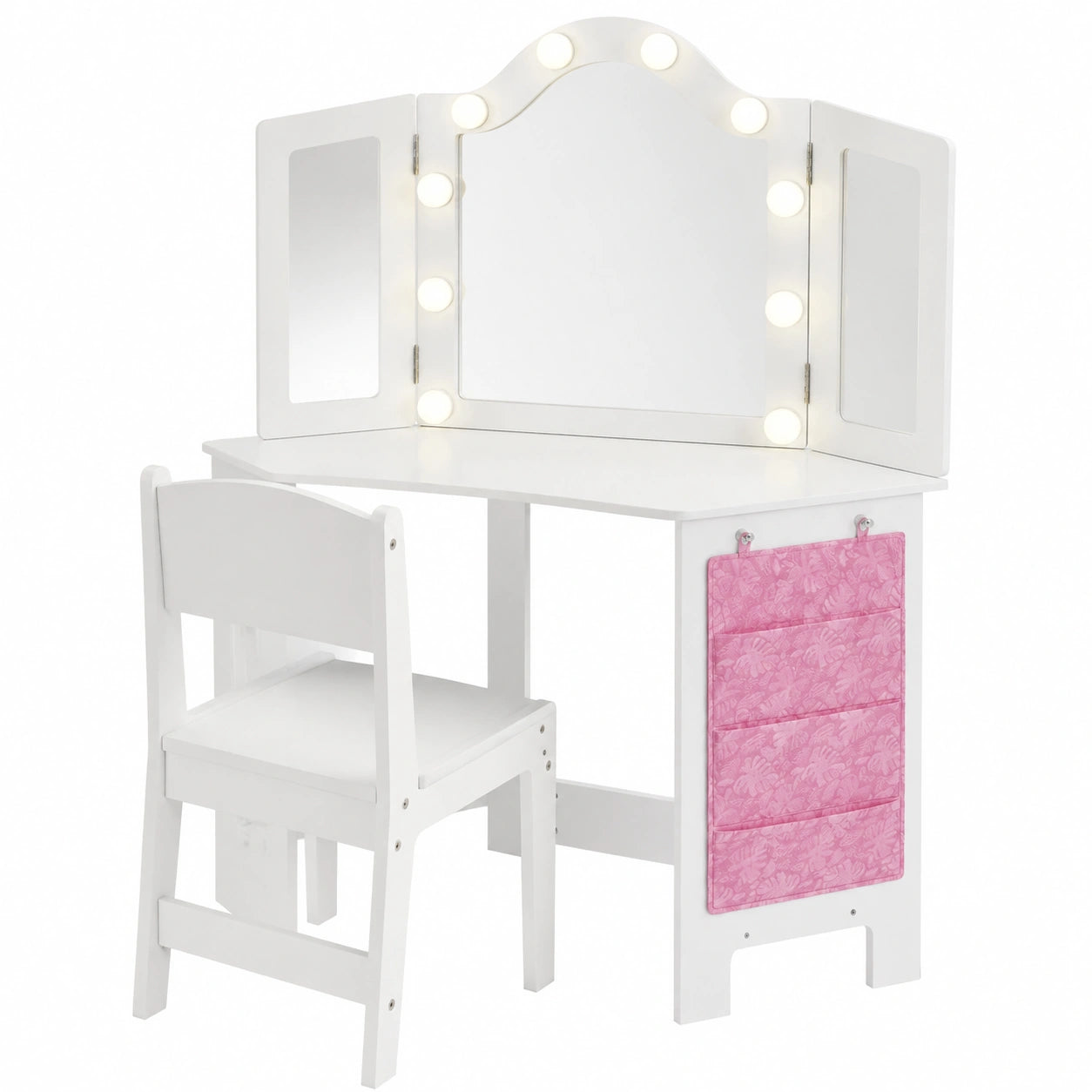 Coiffeuse, avec rangement, avec éclairage LED, coloris blanc, pour la chambre