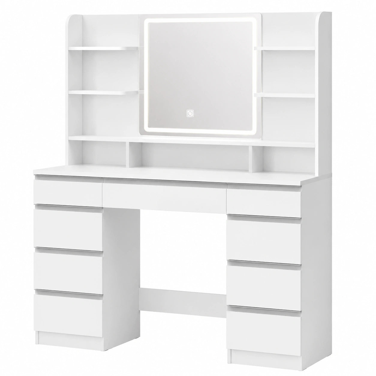 Coiffeuse, avec éclairage LED, coloris blanc et argenté, pour la chambre