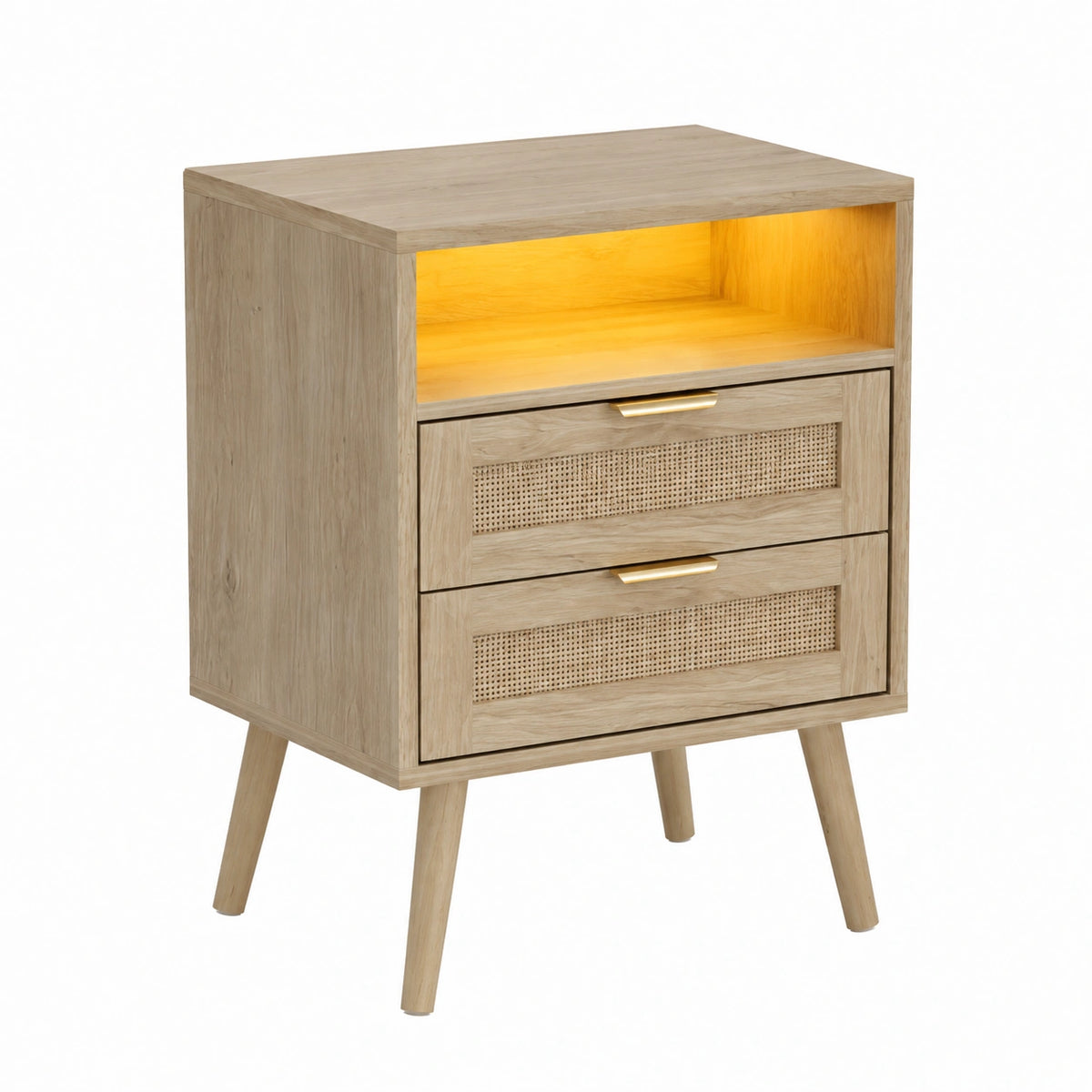 Table de chevet, avec rangement, avec tiroirs, avec éclairage LED, en bois massif et résine tressée, coloris naturel, pour la chambre