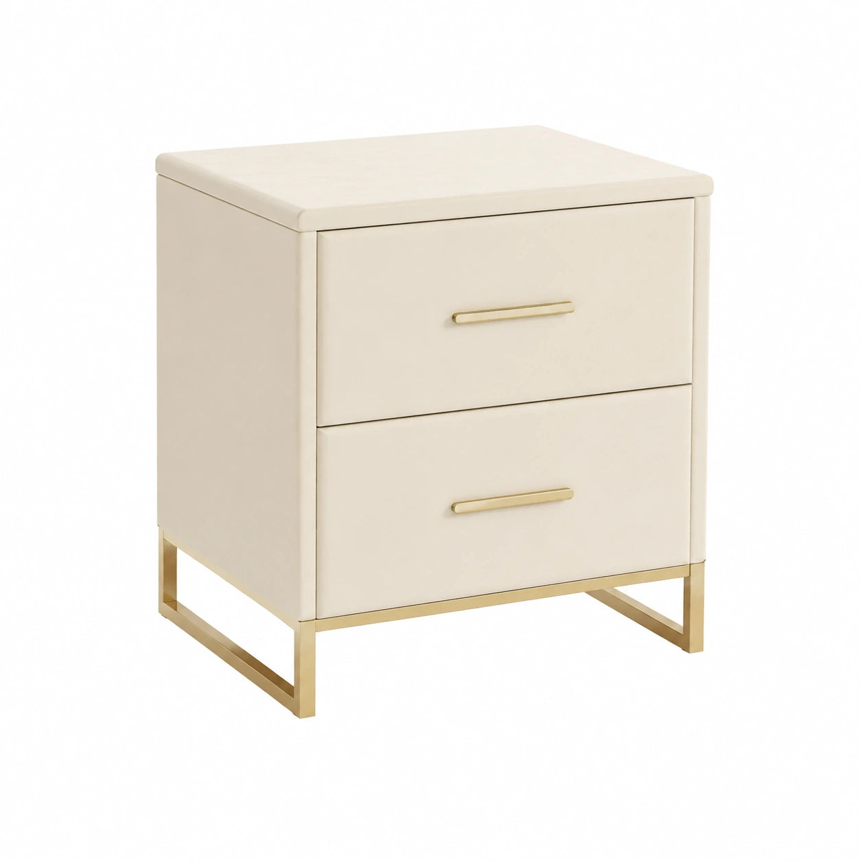 Table de chevet, avec tiroirs, en métal et velours, coloris beige et doré, pour la chambre