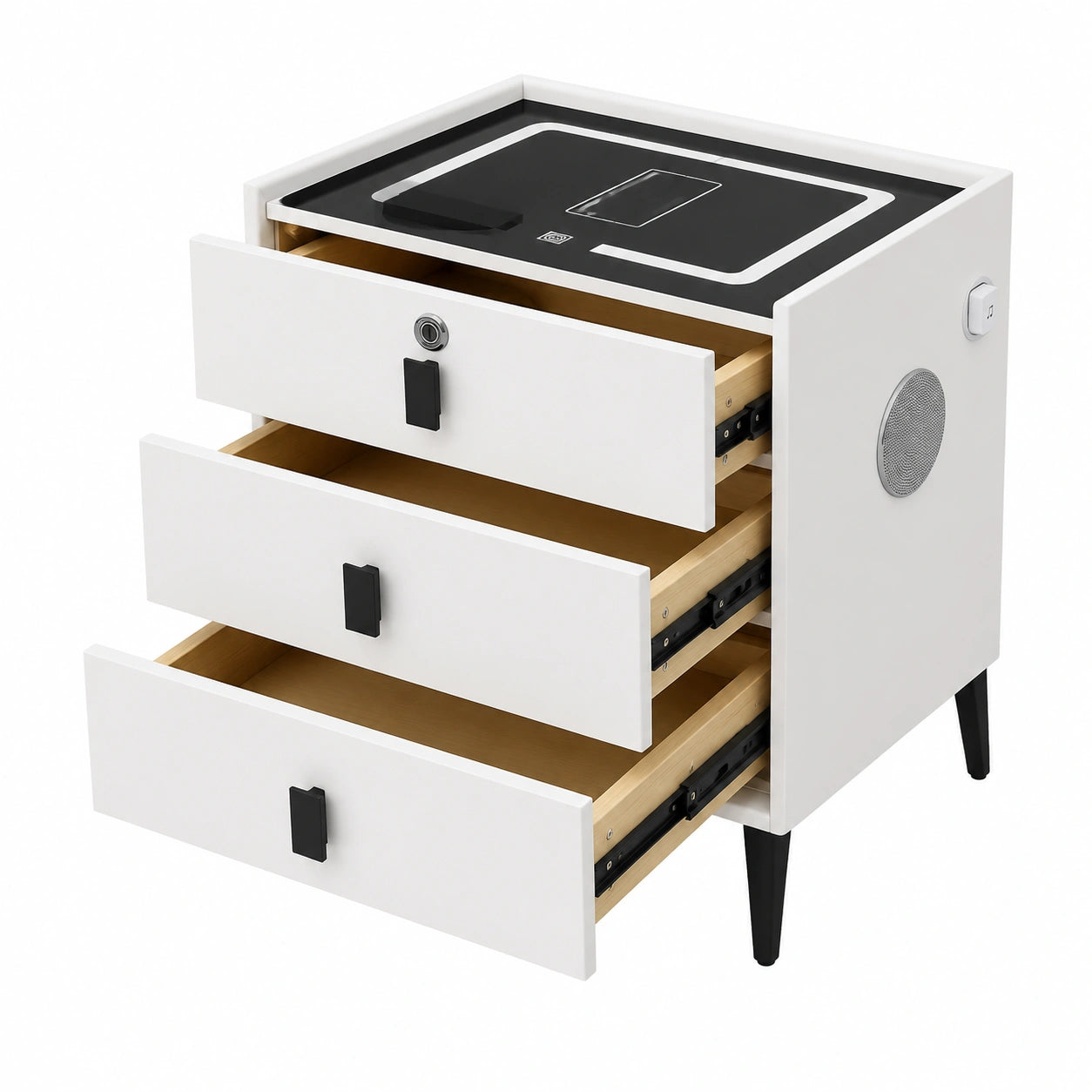 Table de chevet, avec tiroirs, avec prise intégrée, en bois massif, coloris blanc et crème, pour la chambre