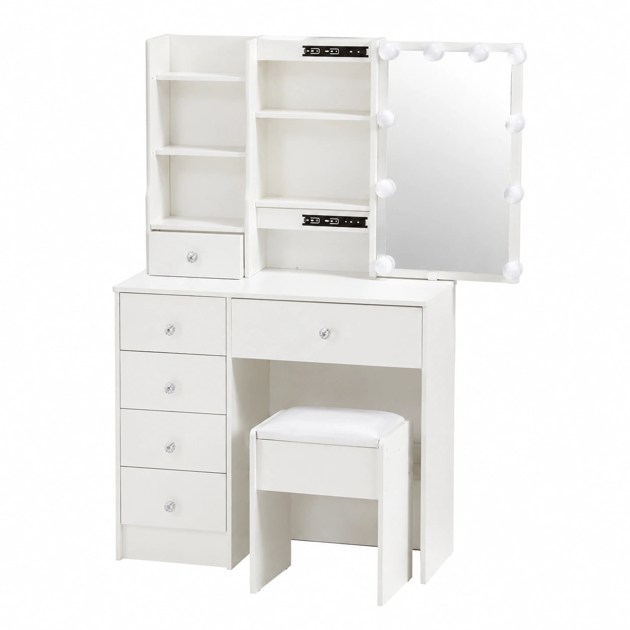Coiffeuse, réglable, avec tiroirs, avec éclairage LED, coloris blanc, pour la chambre