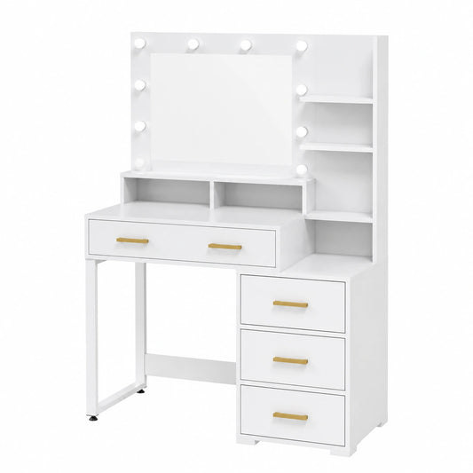 Coiffeuse, avec rangement, avec tiroirs, avec éclairage LED, coloris blanc, 100 x 40 x 138 cm, pour la chambre