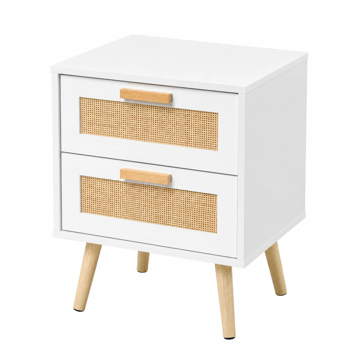 Table de chevet, en résine tressée, avec rangement, avec tiroirs, coloris blanc, 2 pièces, pour la chambre
