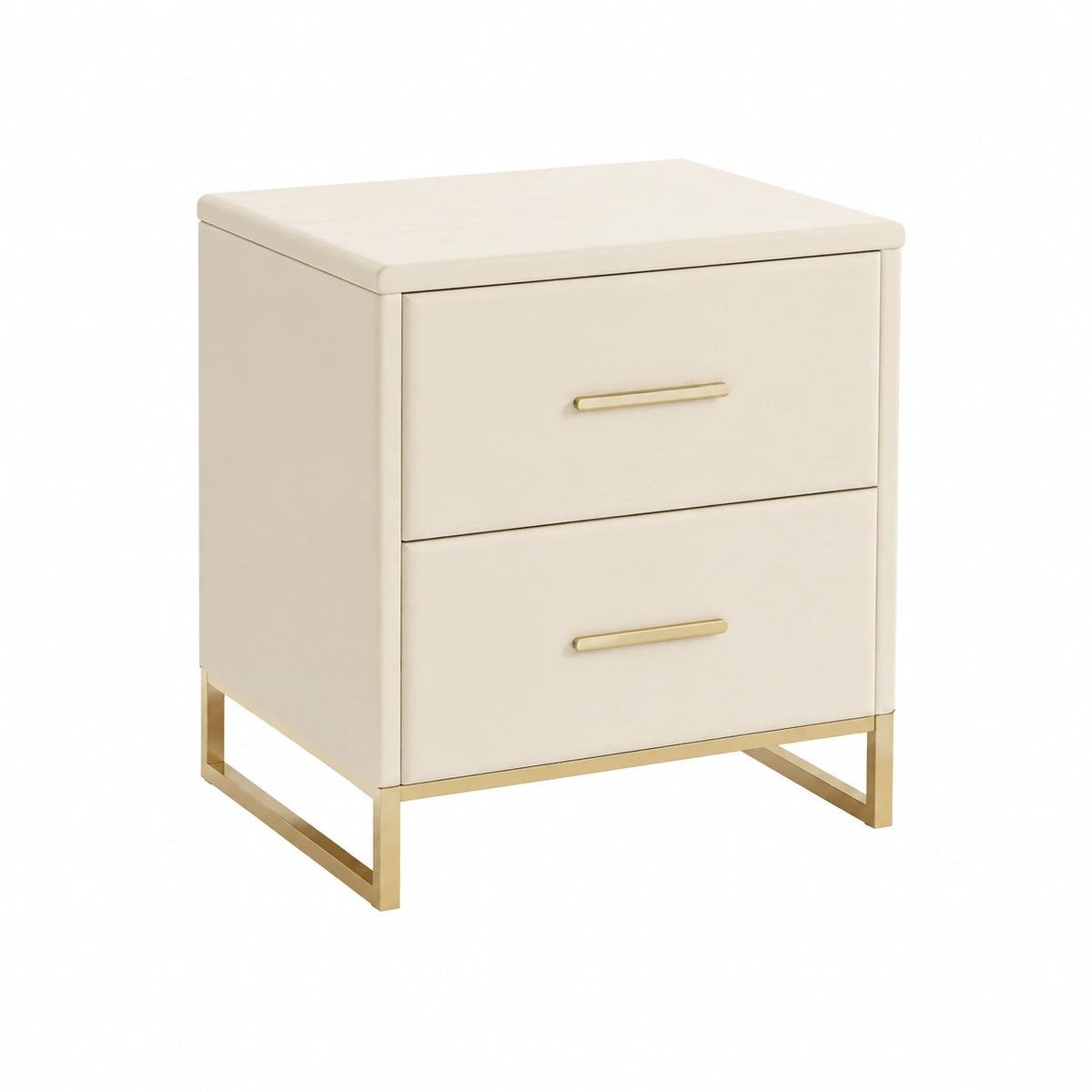 Table de chevet, avec tiroirs, en métal et velours, coloris beige et doré, pour la chambre