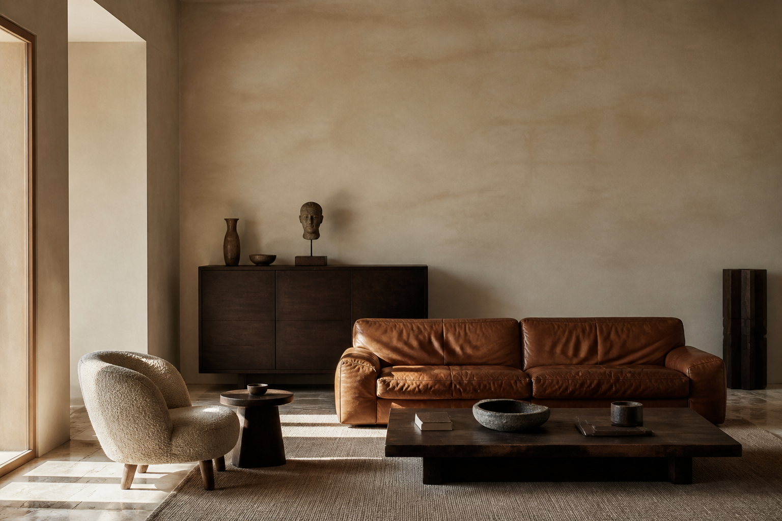 Interno italiano con mobili in legno scuro e divano in pelle vintage